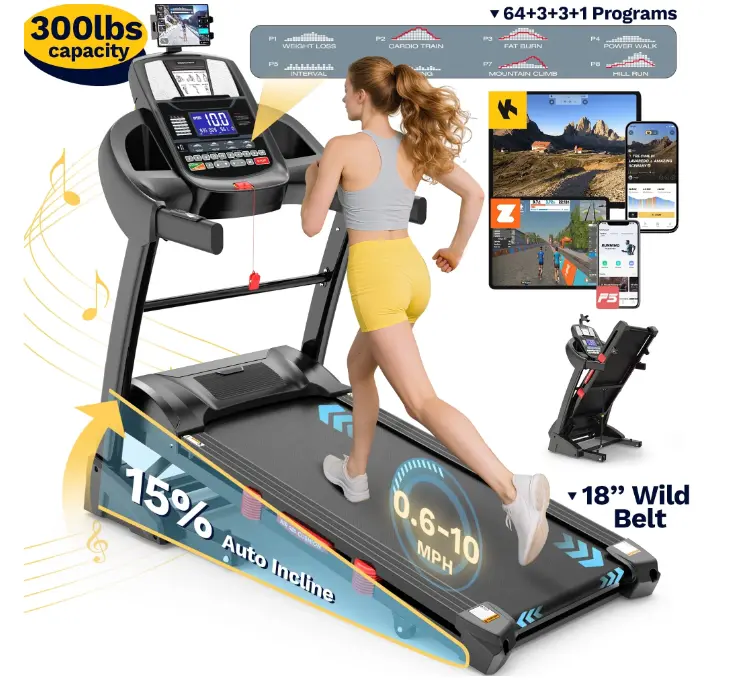Campmoy Smart Folding Treadmill – 4.7Hp, 15% Incline, App Integration, Shock-Absorbing Belt, 64+3+3+1 Programs 1