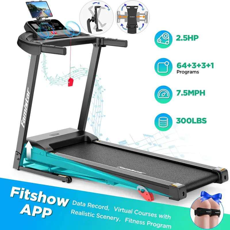 Compact Portable Treadmill – 2.5Hp Foldable Design, 300Lb Weight Limit, 7.5Mph Speed, 64 Preloaded Routines & Shock-Absorbing Deck 1