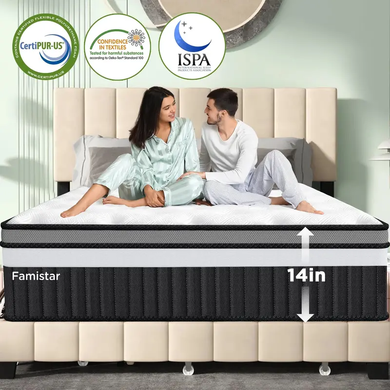 Queen Hybrid Mattress – 14-Inch Pocket Spring + Memory Foam Bed In A Box, Certipur-Us Certified 1