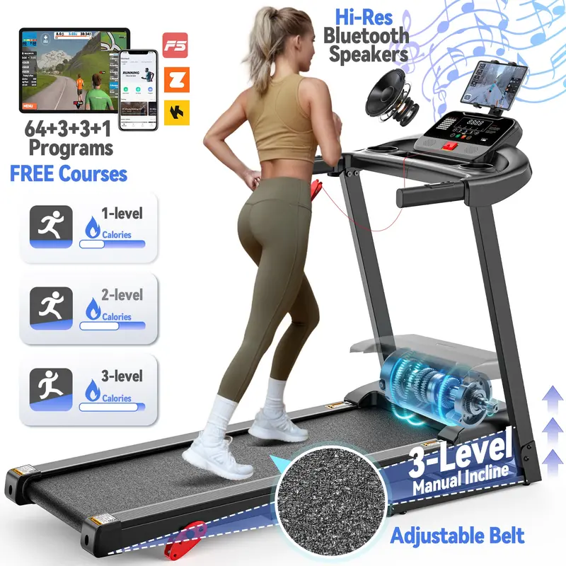 Quiet Brushless Folding Treadmill – 2.75Hp, 3-Level Manual Incline, 7.5 Mph, 64 Training Programs, Home Exercise Solution 1