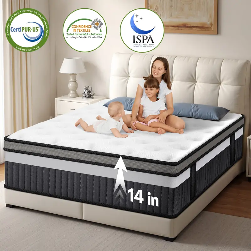 Qvamodo 14-Inch King Hybrid Mattress In A Box – Medium-Firm Gel Memory Foam With Pocketed Coils, Cooling Cover & Certipur-Us Certification 1