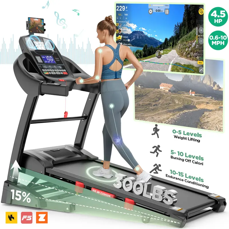 Smart Folding Treadmill – 4.5Hp, Bluetooth & App Enabled, 15-Level Incline, Shock-Absorbing Deck, 10 Mph 1